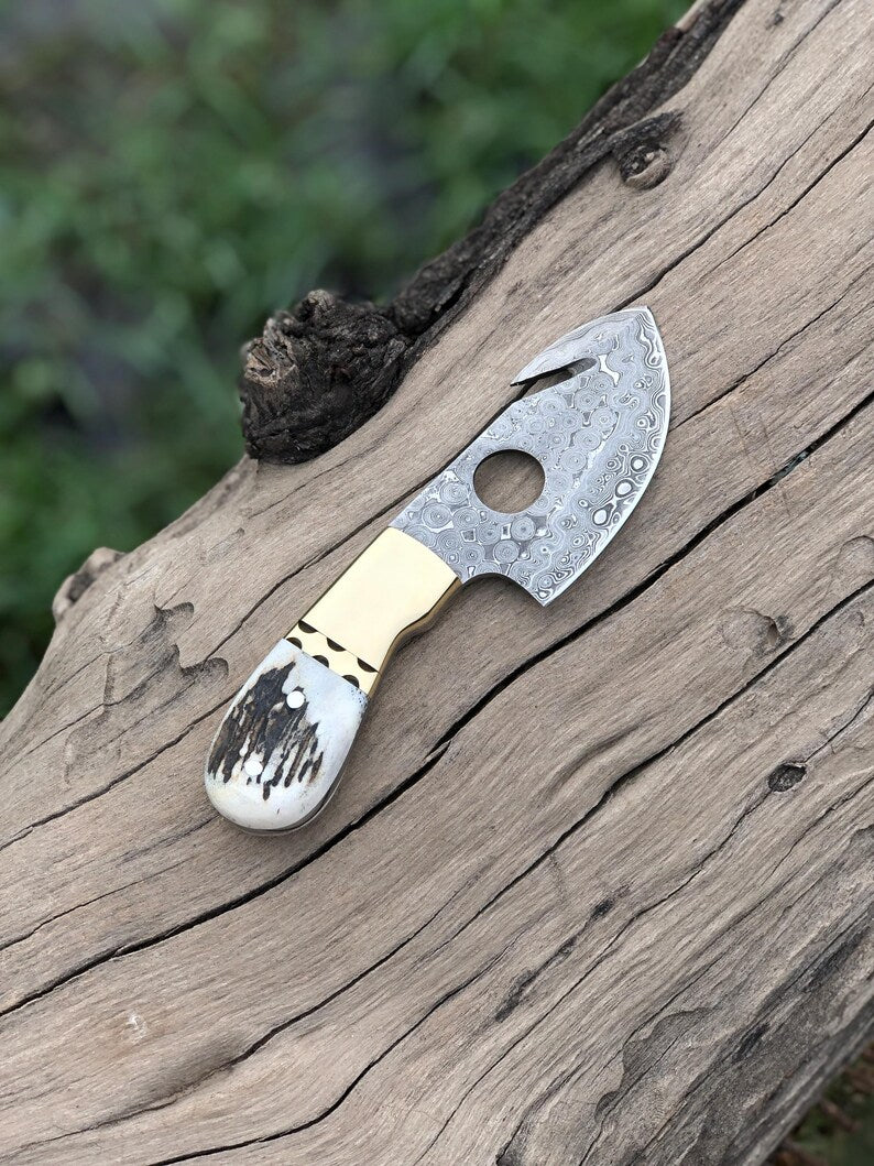 handmade damascus steel guthook skinning knife with sheath