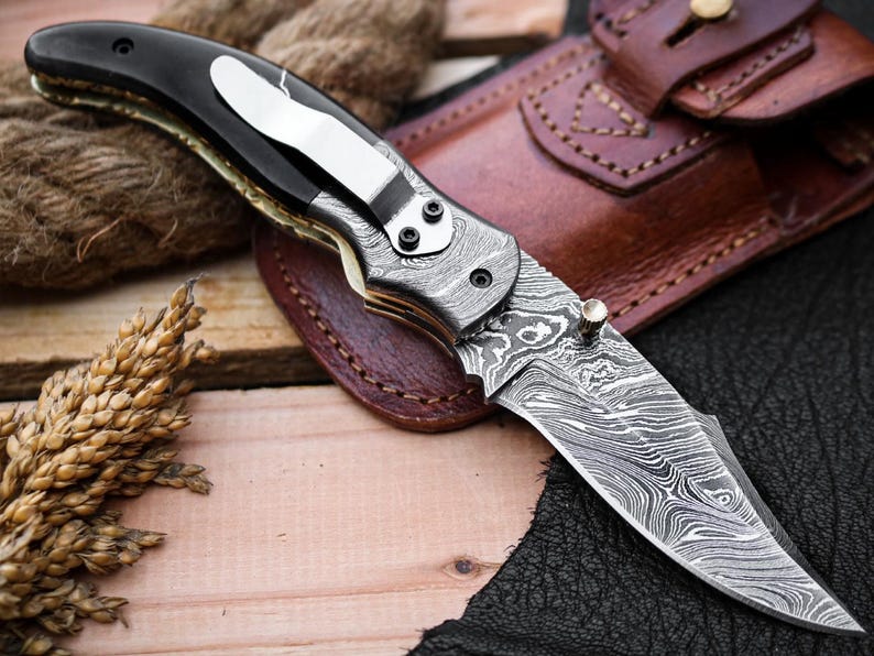 Custom Handmade Damascus Steel Folding Pocket Knife With Leather Pouch