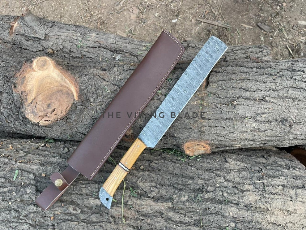 Custom Handmade Damascus Steel Bread Chef Knife With Leather Sheath