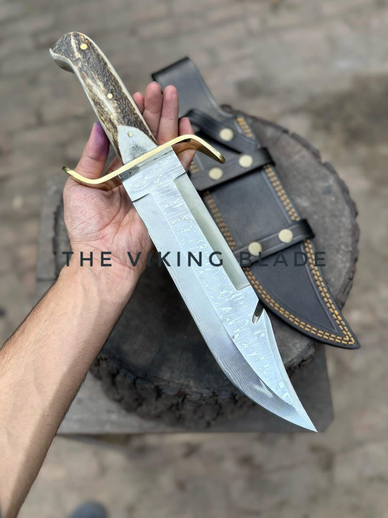 Custom Handmade Stainless Damascus Steel Hunting Gut Hook Bowie Knife With Leather Sheath