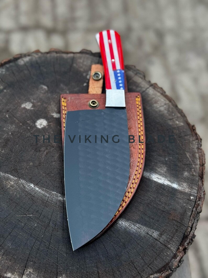 American Flag Handle Chopper Knife With Leather Sheath