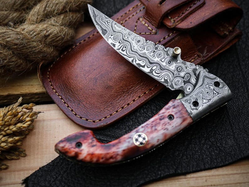 Custom Handmade Damascus Steel Folding Pocket Knife With Leather Pouch