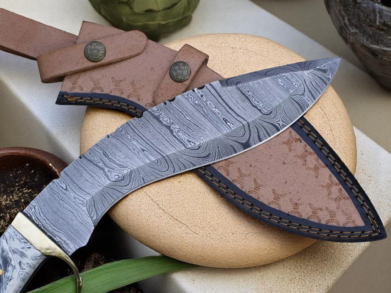Custom Handmade Damascus Steel Kukri Knife With Leather Sheath