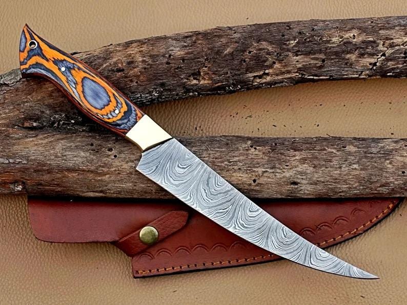 Handmade Damascus Steel Fillet Fishing knife with Brass Bolsters and pakka wood handle