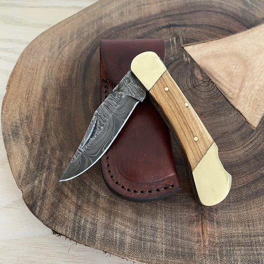 Custom Handmade Damascus Steel Folding Pocket Knife With Leather Sheath
