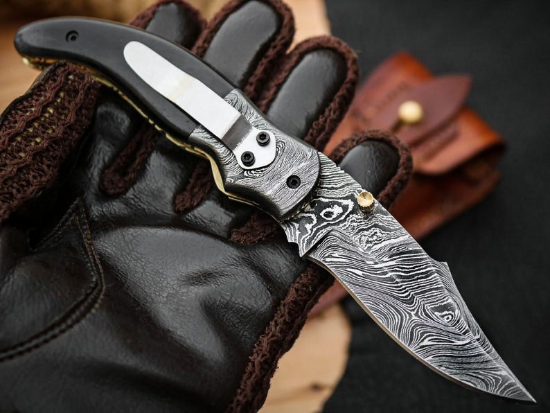Custom Handmade Damascus Steel Folding Pocket Knife With Leather Pouch