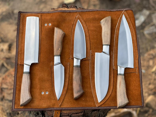 Custom Handmade Fully Hand Forged Kitchen Knives Chef Set With Leather Roll Kit