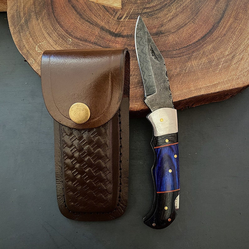 Custom Handmade Damascus Steel Folding Pocket Knife With Leather Pouch