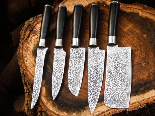 Handmade High Carbon Steel Engraved Chef Knife Set Of 5 Pcs Buffalo Black Horn Handle Gift For Father Kitchen Knife Wedding Gift For Him