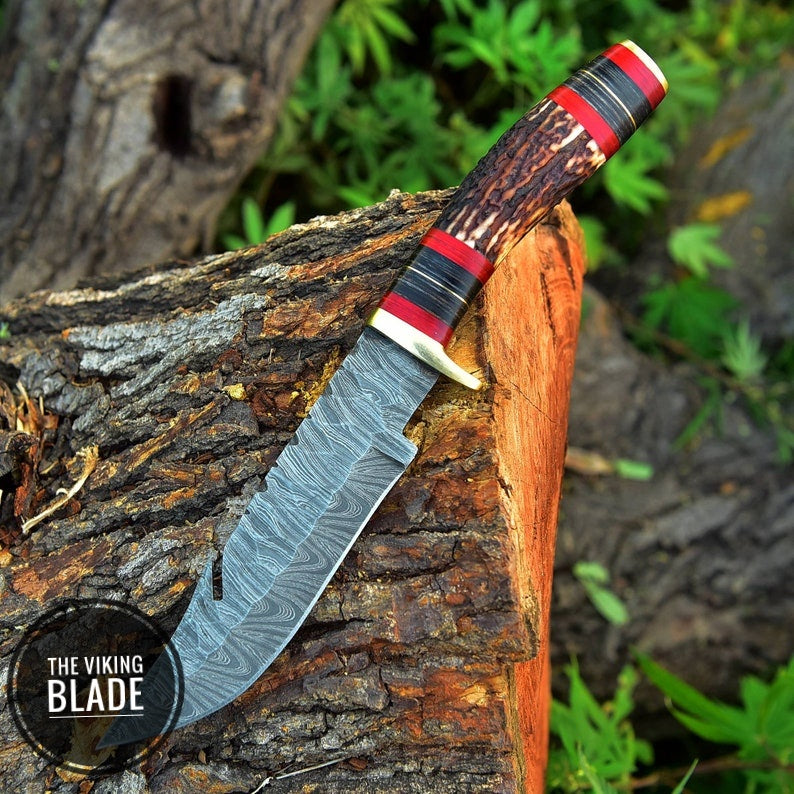 Custom Handmade Forged Damascus Steel Hunting Knife with Stag & Brass Guard Handle Comes With Genuine Leather Sheath