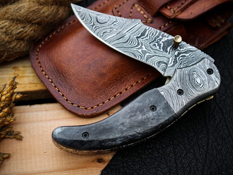 Custom Handmade Damascus Steel Folding Pocket Knife With Leather Pouch