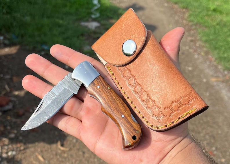 Custom Handmade Damascus Steel Folding Pocket Knife With Leather Pouch
