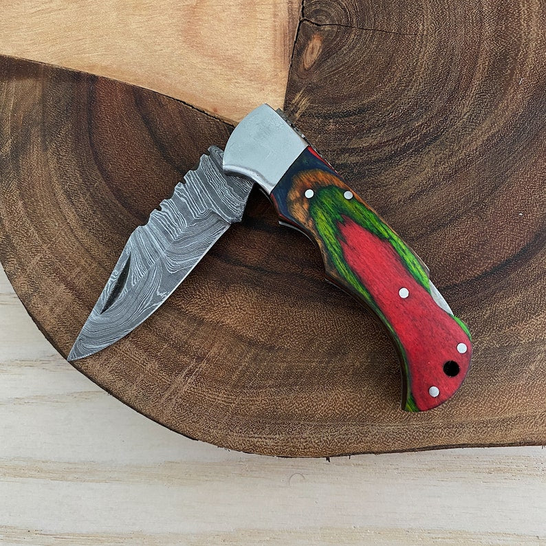 Custom Handmade Damascus Steel Folding Pocket Knife With Leather Pouch
