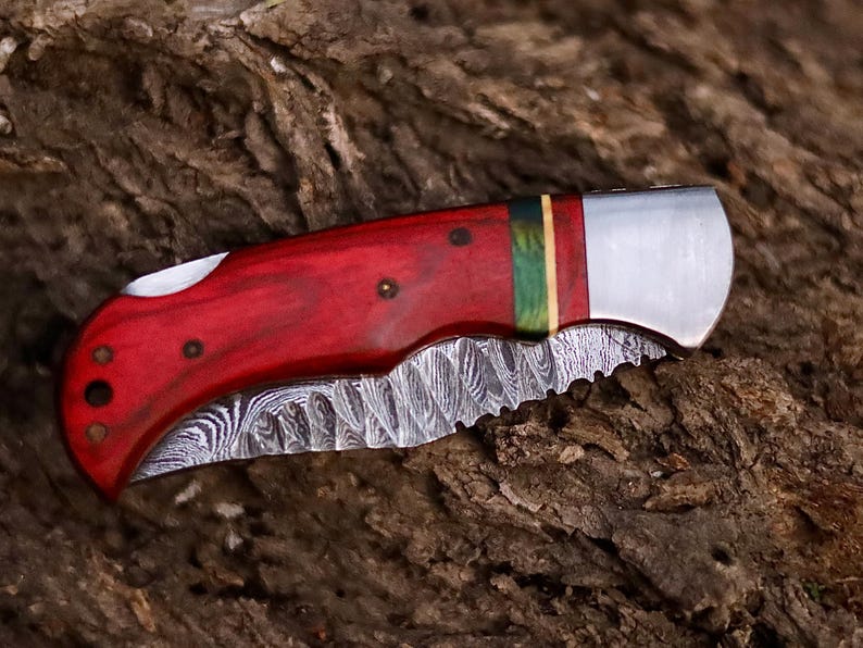 Custom Handmade Damascus Steel Folding Pocket Knife With Leather Pouch