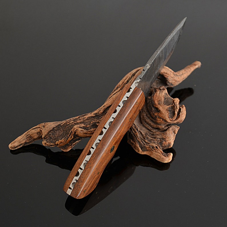 Damascus Hunting EDC Bushcraft Knife with Handmade Horizontal Leather Knife Sheath