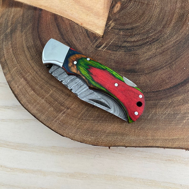 Custom Handmade Damascus Steel Folding Pocket Knife With Leather Pouch