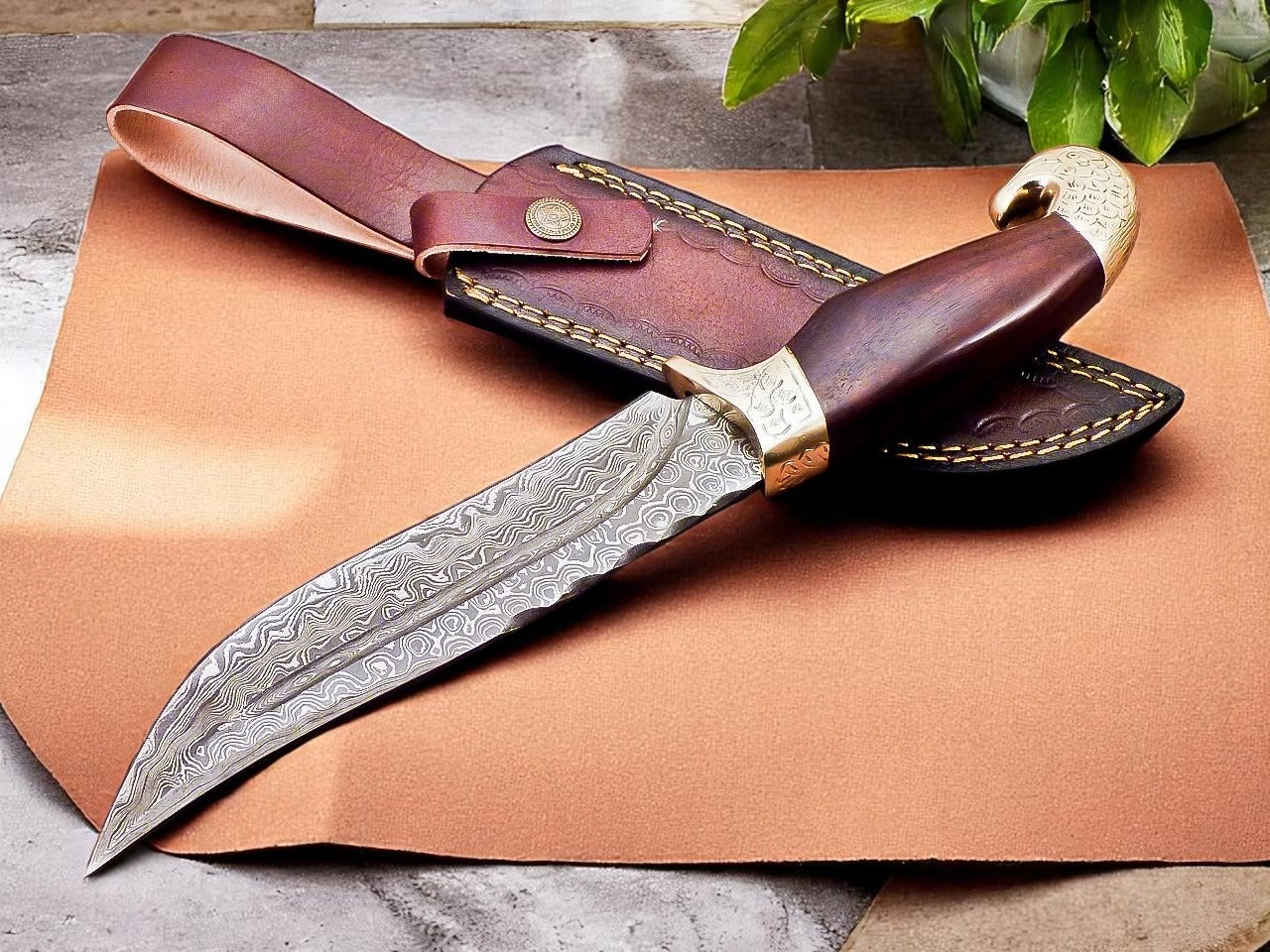 Custom Handmade Damascus Steel Hunting Knife With Leather Sheath