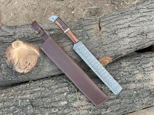 Custom Handmade Damascus Steel Bread Knife With Leather Sheath