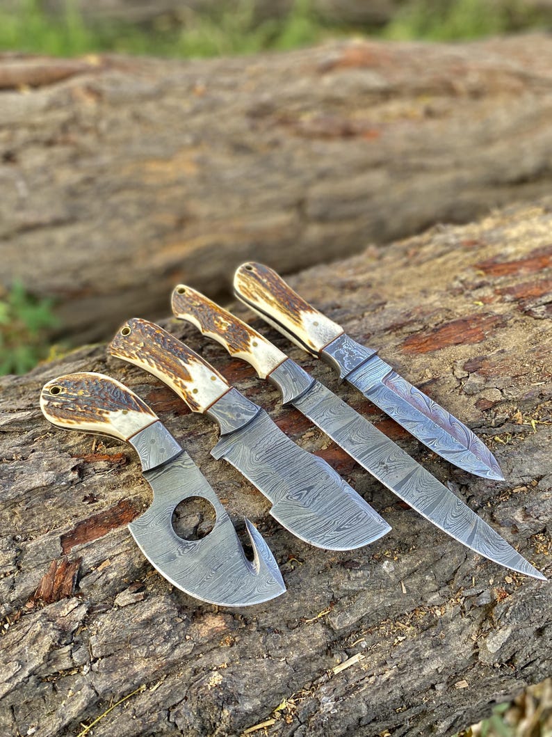Handmade Damascus Steel Hunting Knife 4 Pc Set Roll Beg,Best For Gift Birthday Best For Gift Christmas