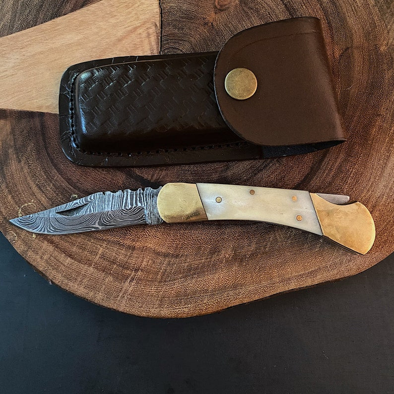 Custom Handmade Damascus Steel Folding Pocket Knife With Leather Pouch