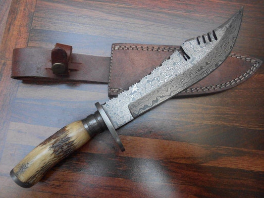 Handmade Damascus Hunting Knife With Stag Handle
