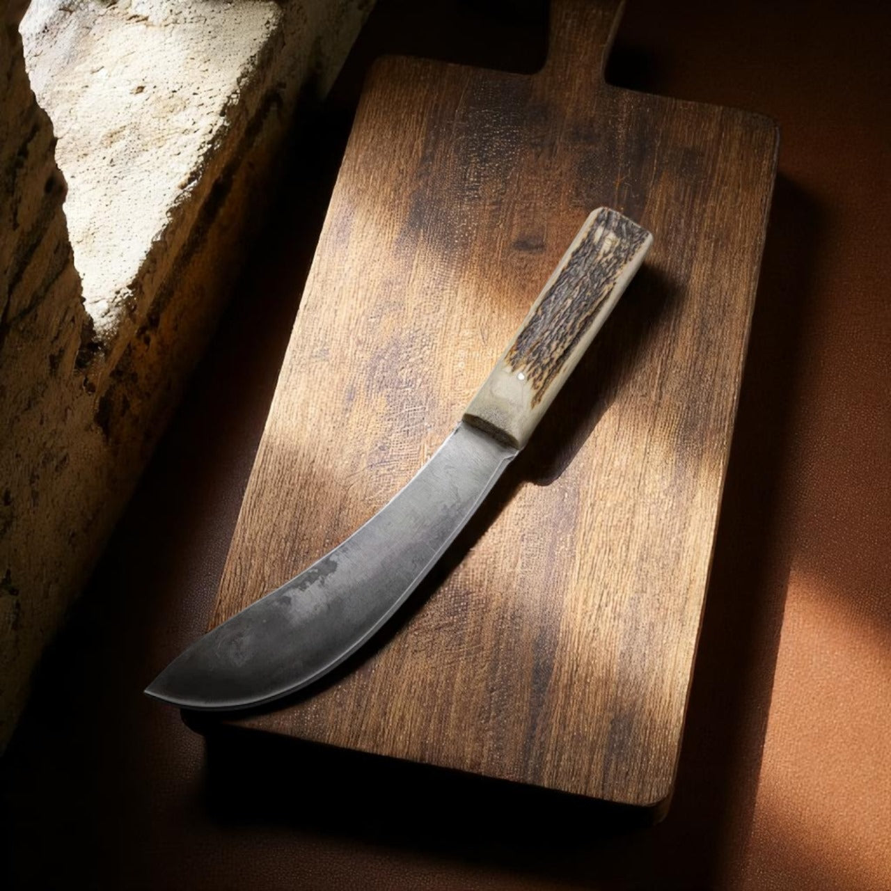 Custom Handmade Carbon Steel Hunting Knife with Stag Horn Handle & Leather Sheath – 11" Full Tang Bushcraft Knife