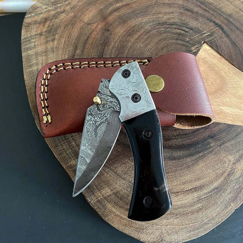 Custom Handmade Damascus Steel Folding Pocket Knife With Leather Sheath
