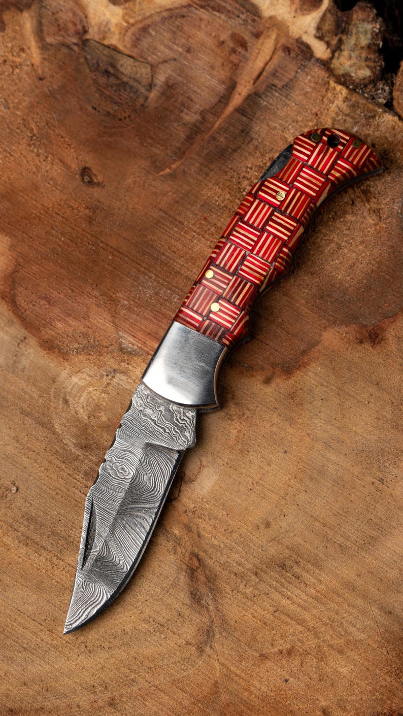 Custom Handmade Damascus Steel Folding Pocket Knife With Leather Pouch