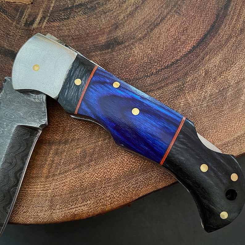 Custom Handmade Damascus Steel Folding Pocket Knife With Leather Pouch