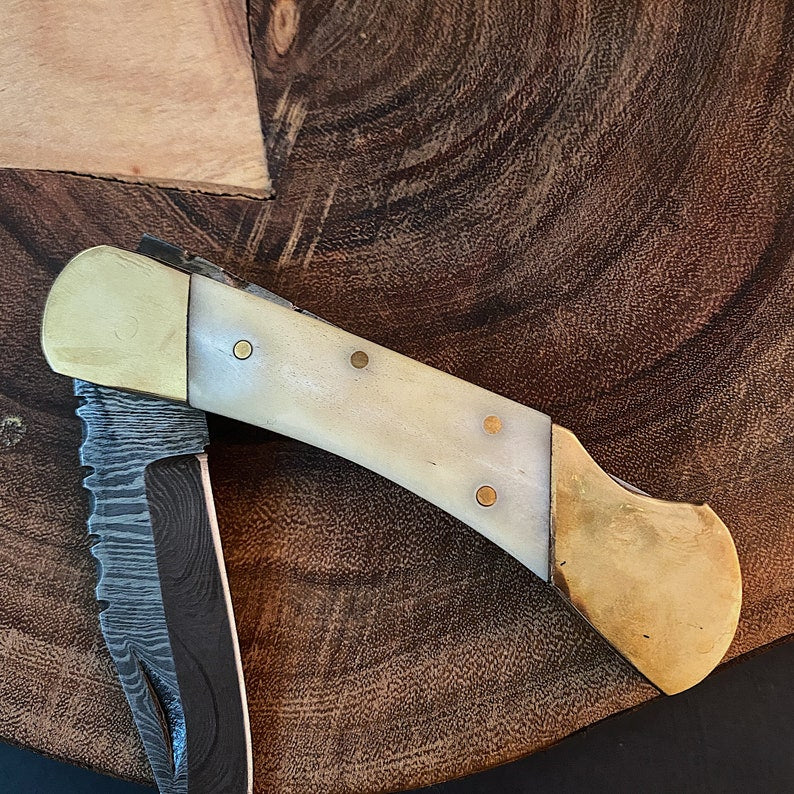 Custom Handmade Damascus Steel Folding Pocket Knife With Leather Pouch