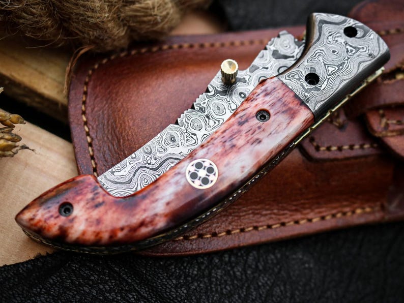 Custom Handmade Damascus Steel Folding Pocket Knife With Leather Pouch