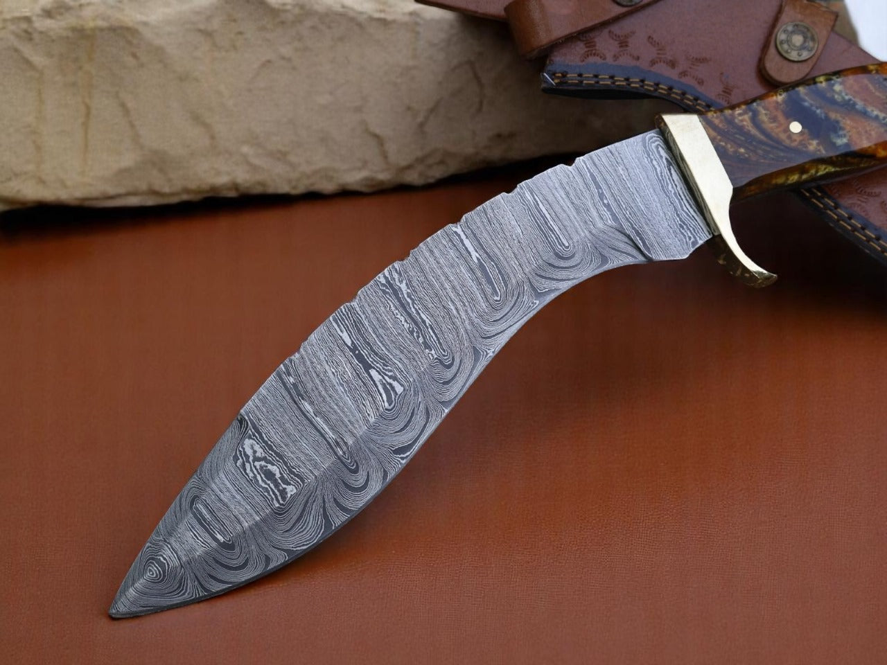 Custom Handmade Damascus Steel Kukri Knife With Leather Sheath