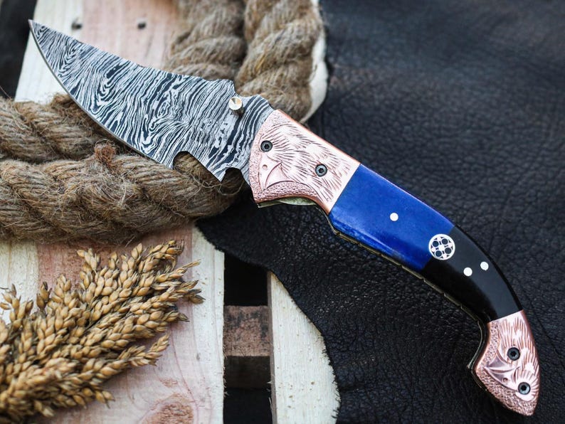Custom Handmade Damascus Steel Folding Pocket Knife With Leather Sheath