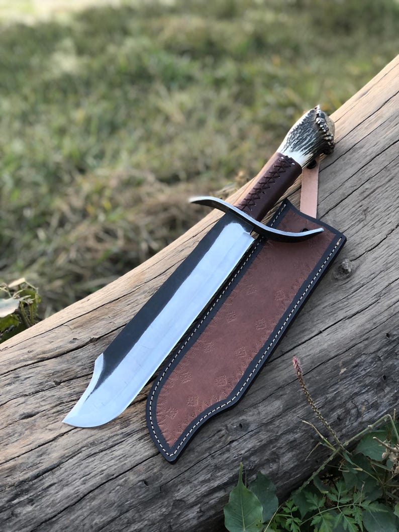 handmade hunting bowie knife deer stag handle with sheath