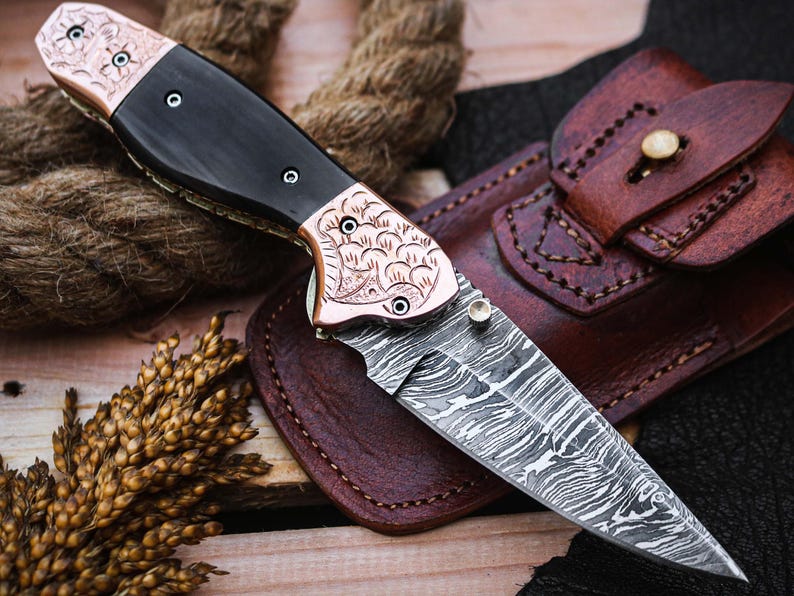 Custom Handmade Damascus Steel Folding Pocket Knife With Leather Pouch