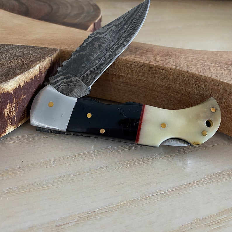 Custom Handmade Damascus Steel Folding Pocket Knife With Leather Pouch