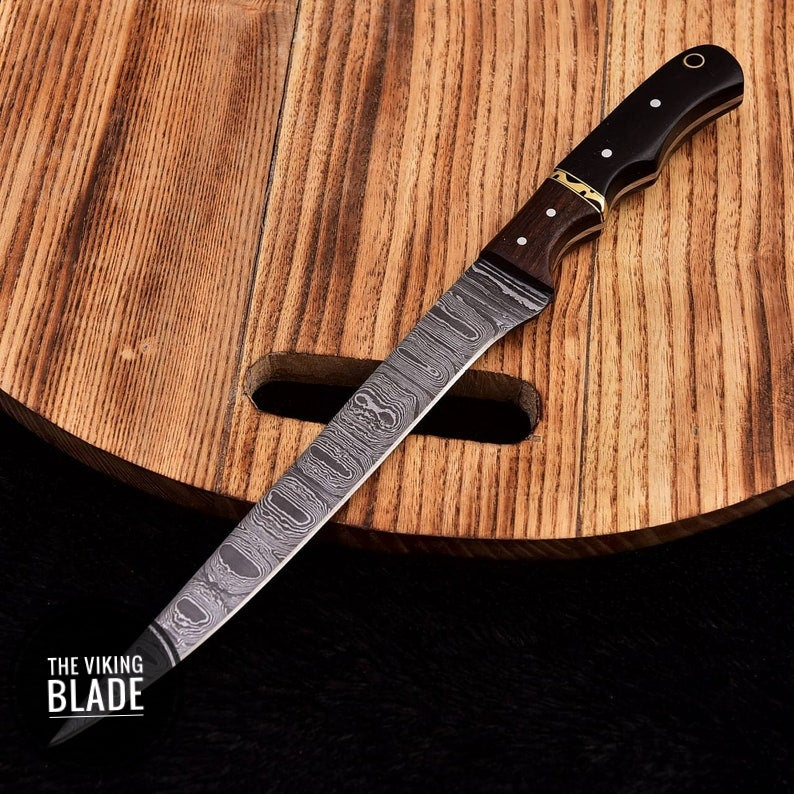 Custom Handmade Damascus Steel Fillet Fish Chef Knife With Leather Sheath