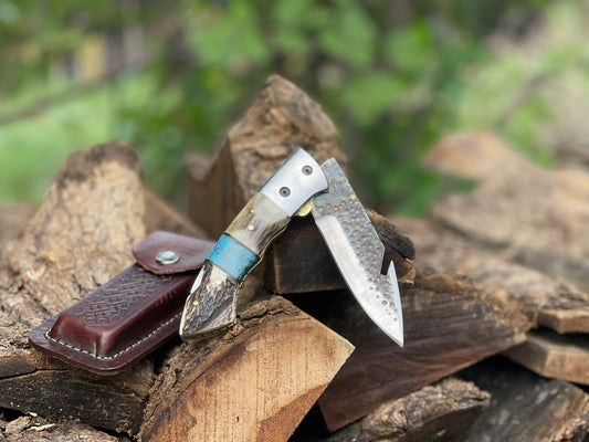 Custom Made Hand-Crafted High Carbon Steel Folding Pocket Knife – with Premium Leather Sheath