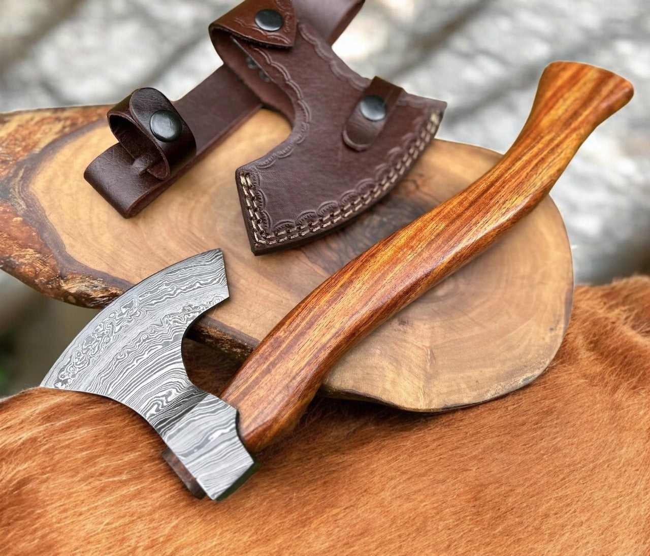Custom Handmade Damascus Steel Axe Superb Leather Sheath