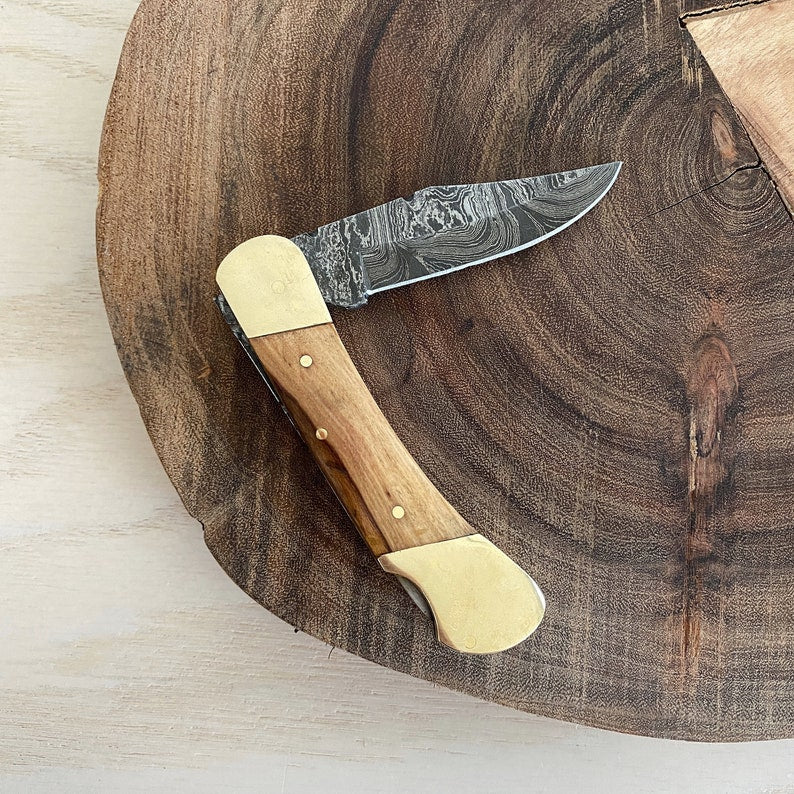 Custom Handmade Damascus Steel Folding Pocket Knife With Leather Sheath