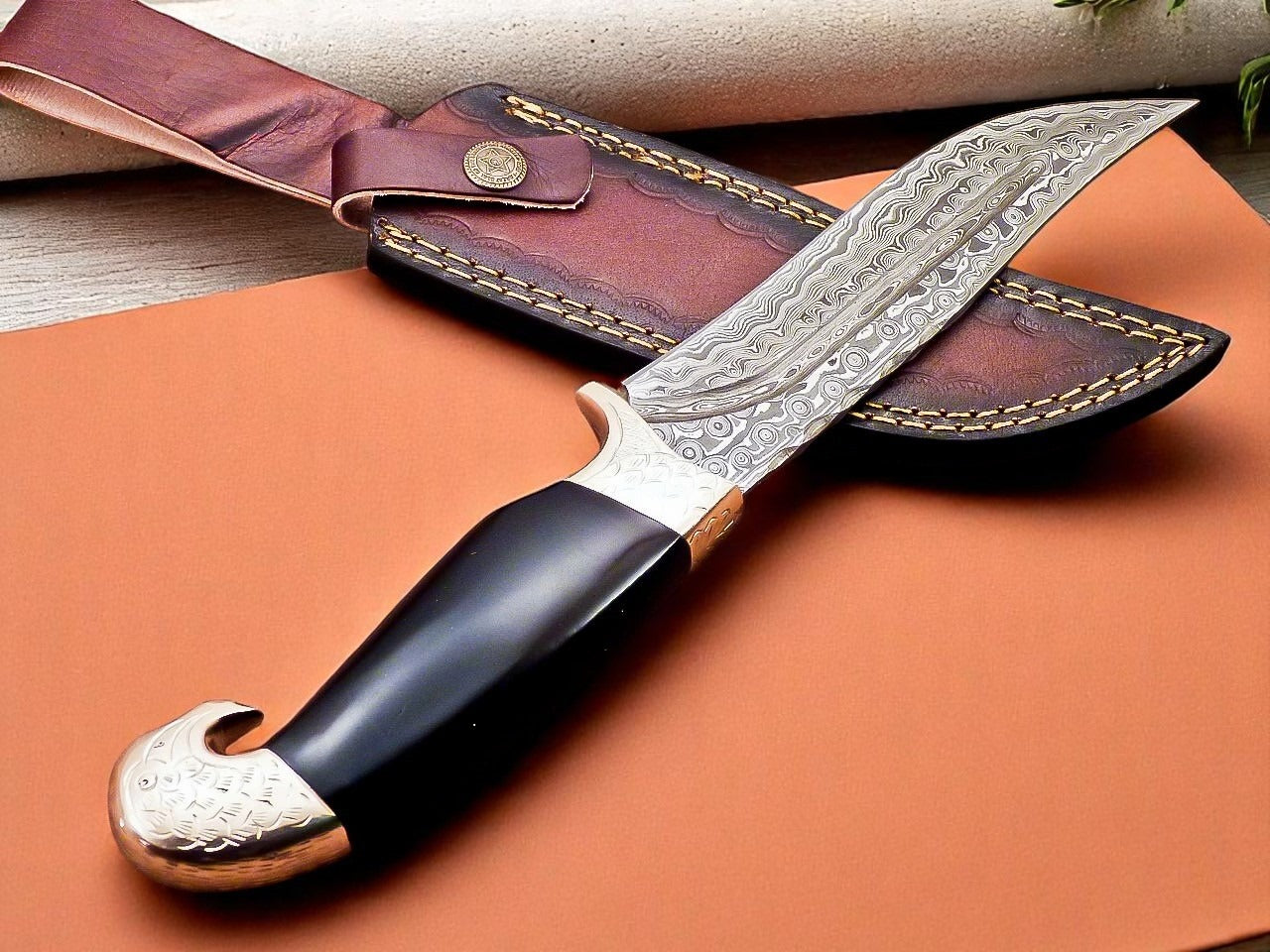 Custom Handmade Damascus Steel Hunting Knife With Leather Sheath