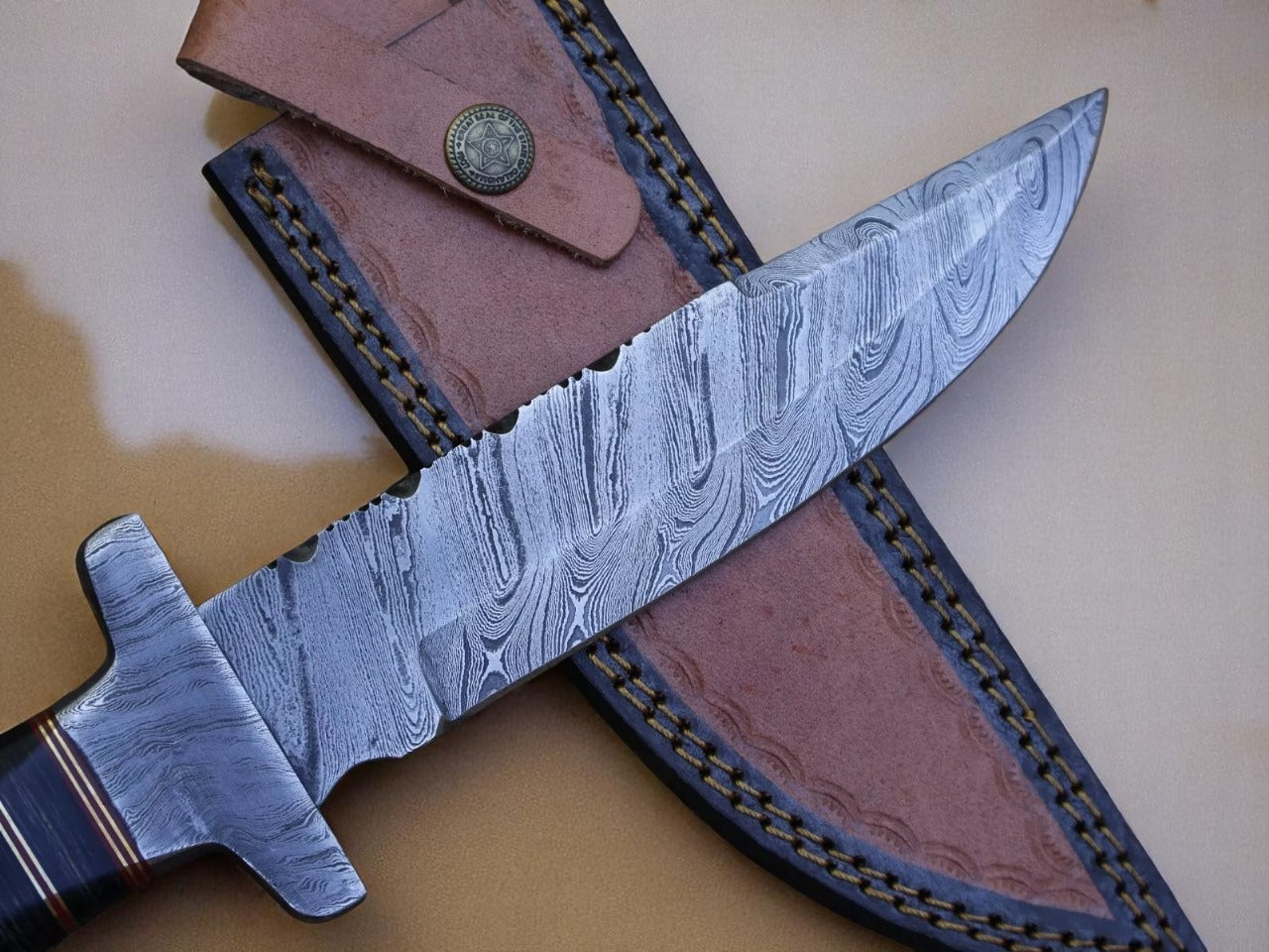 Custom Handmade Damascus Steel Hunting Knife With Leather Sheath