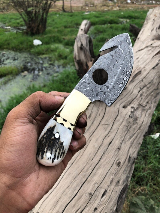 handmade damascus steel guthook skinning knife with sheath