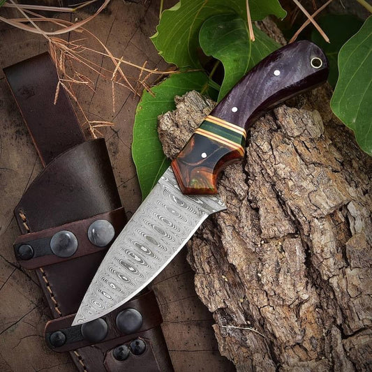 Custom Handmade Damascus Steel Skinner Hunting Knife With Leather Sheath