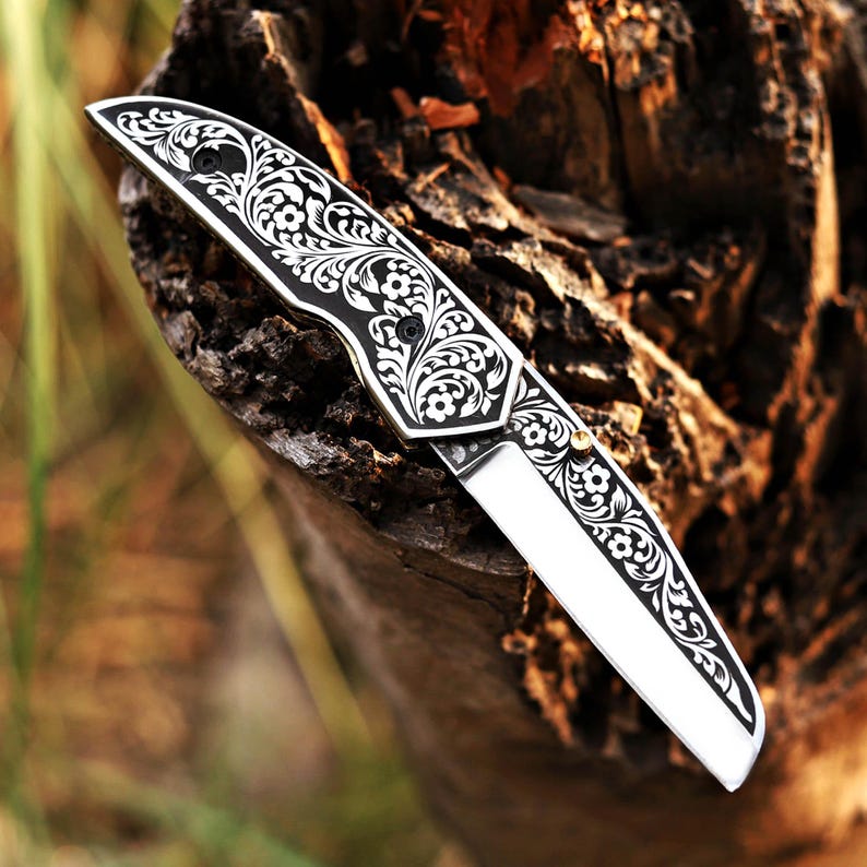 Handcrafted Foldable Knife with Exquisite Laser-Engraved Floral Pattern - Perfect Gift Idea