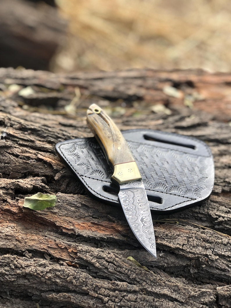 handmade damscus steel skinning knife edc knife with sheath