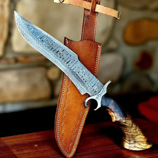 Custom Handmade Damascus Steel Hunting Knife | Burl Wood Handle | With Leather Sheath