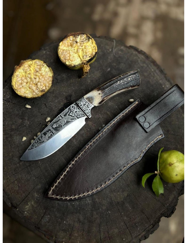 Custom Handmade Hunting Knife With Leather Sheath Stag Handle