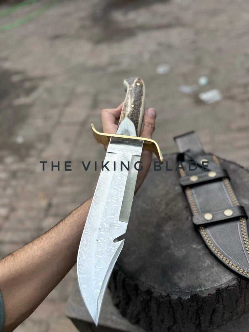 Custom Handmade Stainless Damascus Steel Hunting Gut Hook Bowie Knife With Leather Sheath