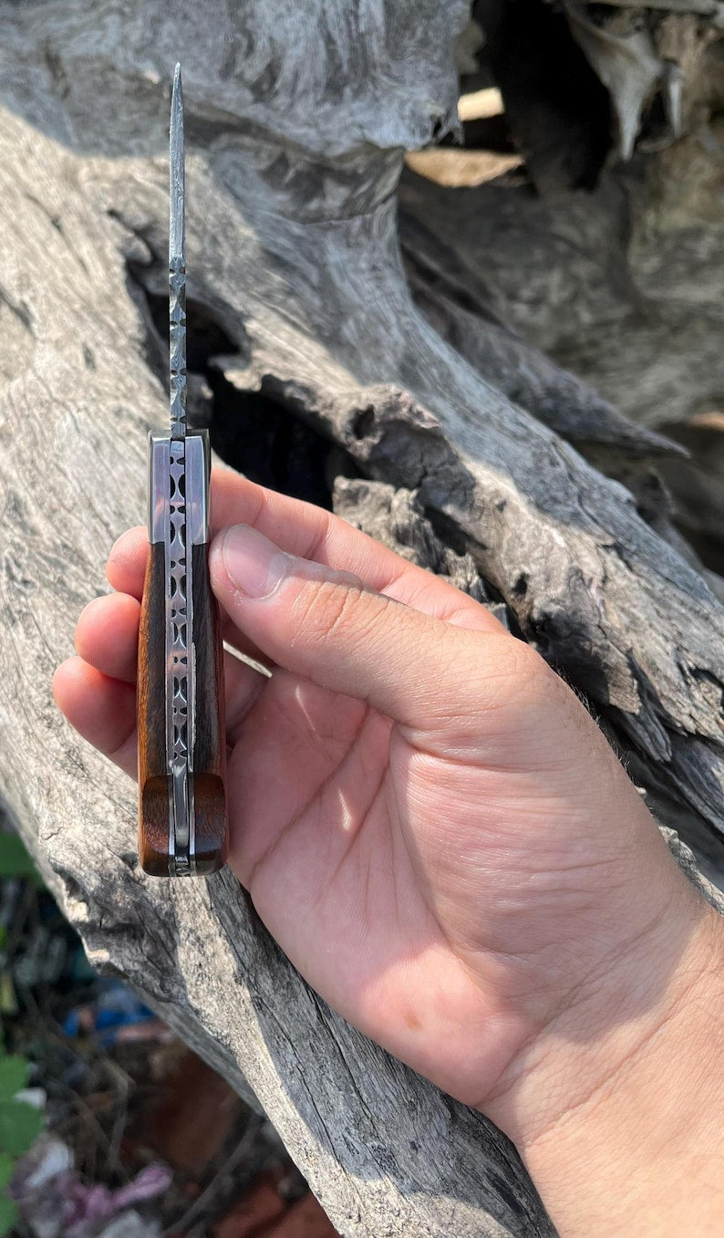 Custom Handmade Damascus Steel Folding Pocket Knife With Leather Pouch